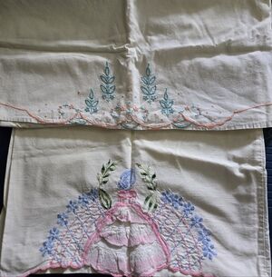 Vintage Embroidered Cotton Pillowcases Set in Pink, Blue and Green